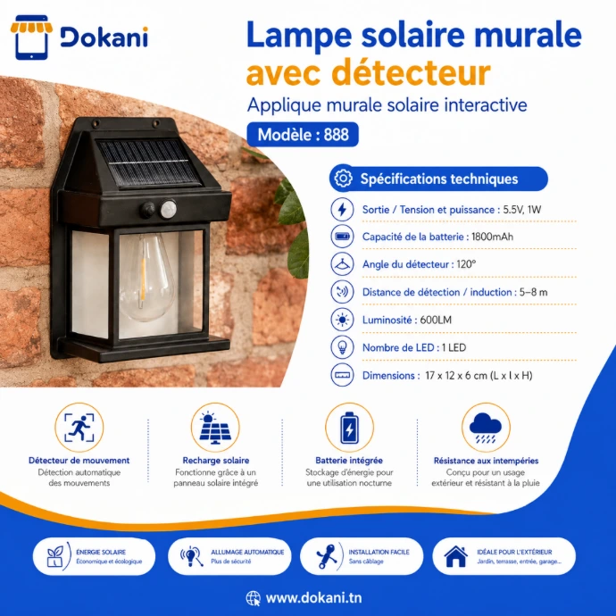 Lampe solaire murale interactive modèle 888 1W 600LM avec détecteur de mouvement et panneau solaire intégré.