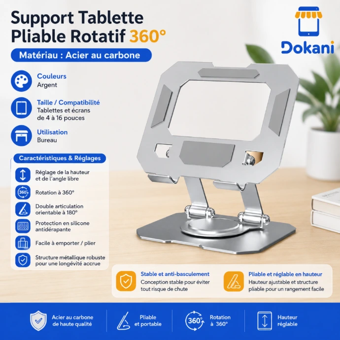 Support de bureau argent pliable et rotatif 360° en acier au carbone pour tablette et téléphone.