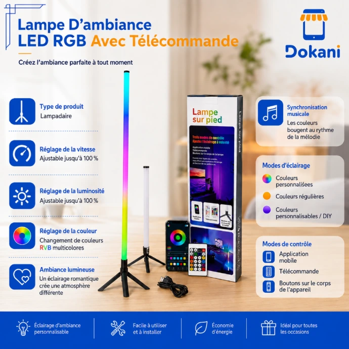 Lampe d'ambiance LED RGB d'angle avec télécommande et synchronisation musicale pour salon.