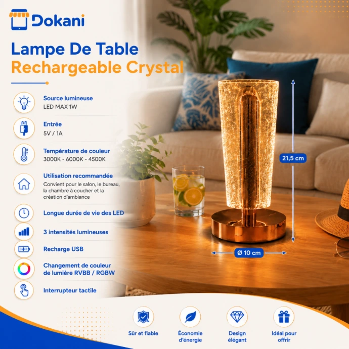 Lampe de table tactile rechargeable effet cristal avec éclairage LED RGB et 3 températures de couleur.