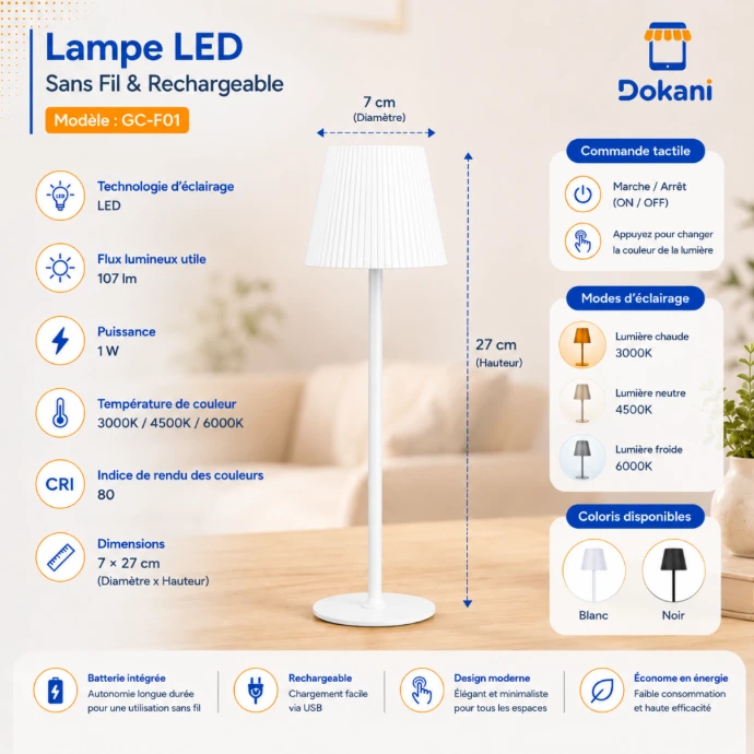 Lampe de table tactile rechargeable blanc en fer et plastique GC-Y01 avec éclairage LED 3 couleurs.