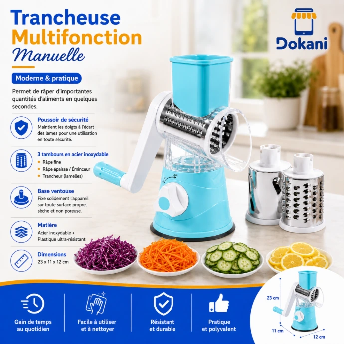 Trancheuse multifonction manuelle bleue avec 3 tambours en acier inoxydable et base ventouse.
