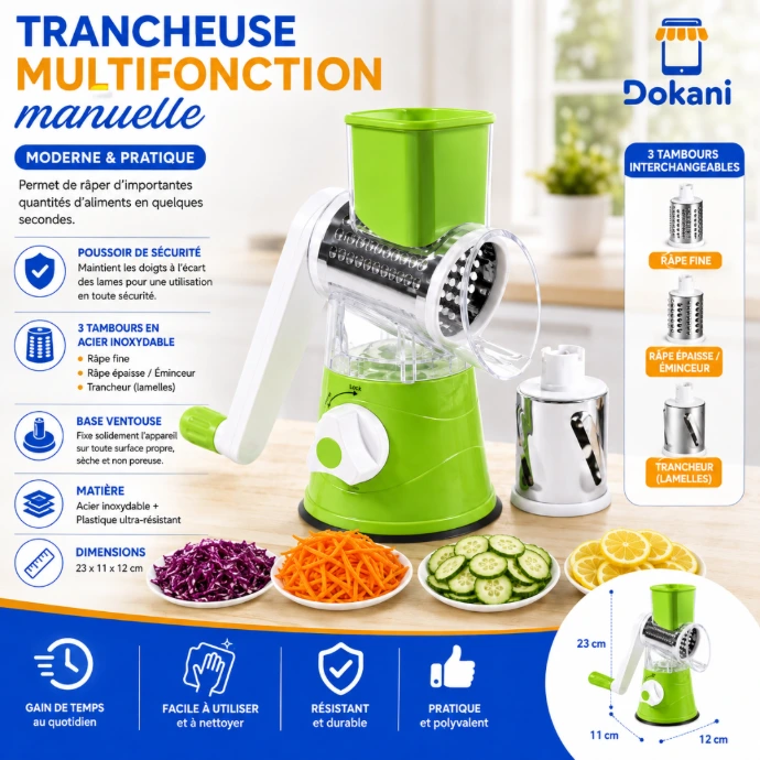 Trancheuse multifonction manuelle vert avec 3 tambours en acier inoxydable et base ventouse.