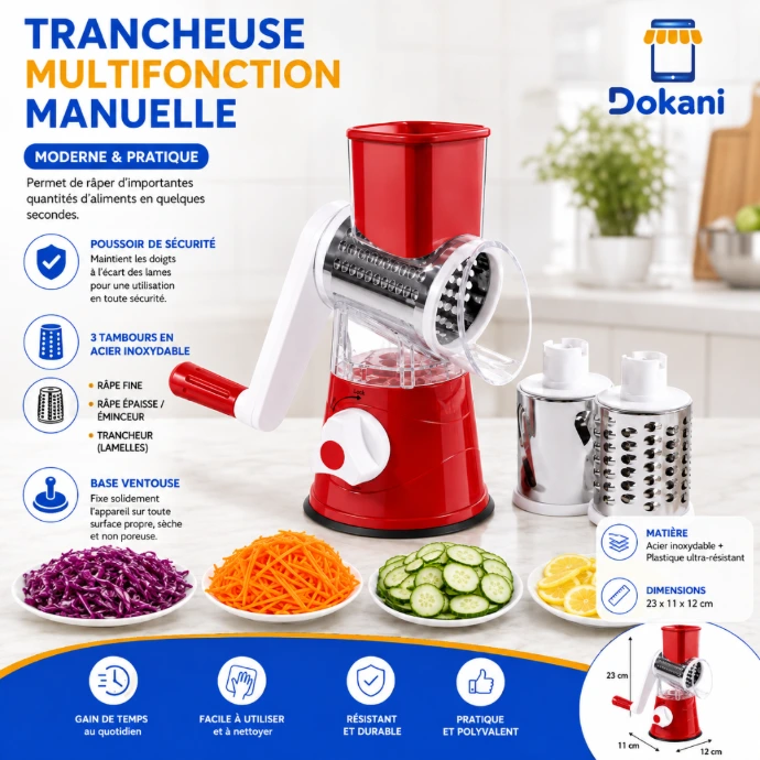 Trancheuse multifonction manuelle rouge avec 3 tambours en acier inoxydable et base ventouse.