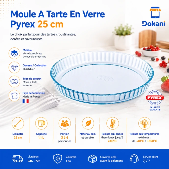 Moule a tarte en verre Pyrex 25 cm, Moule tarte Pyrex Iconics, Plat a tarte verre borosilicate, Dokani Tunisie.