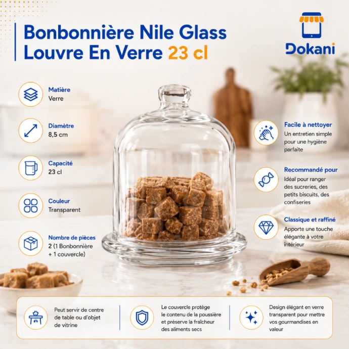 Bonbonnière en verre transparent avec couvercle Nile Glass collection Louvre 23 cl.