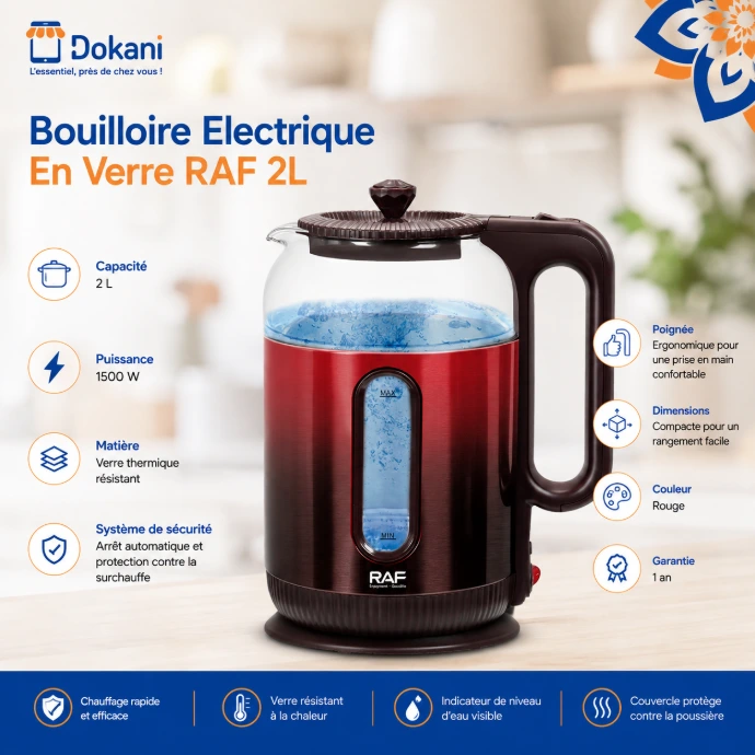 Bouilloire Electrique En Verre RAF 2L -1500 W Rouge