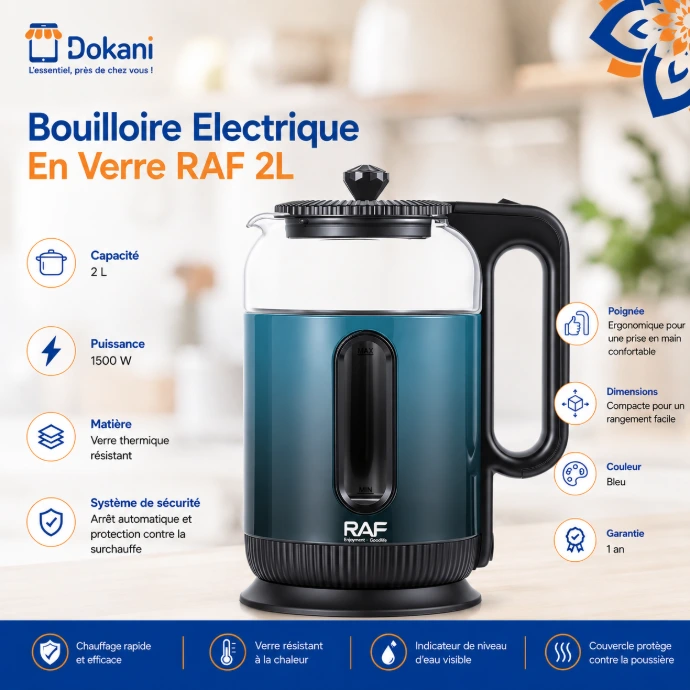 Bouilloire Electrique En Verre RAF 2L -1500 W  Bleu