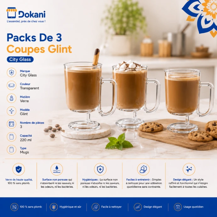 Pack de 3 coupes à dessert et tasses en verre transparent City Glass modèle Glint 220 ml.