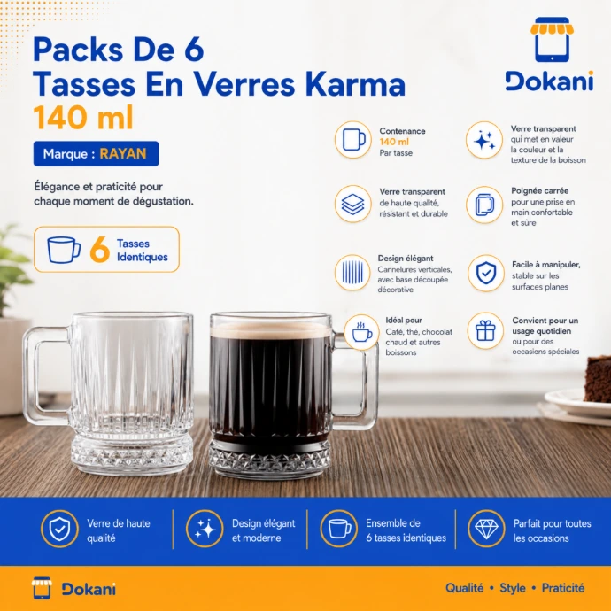 Pack de 6 tasses en verre Karma 140 ml transparentes avec poignée carrée - Dokani Tunisie