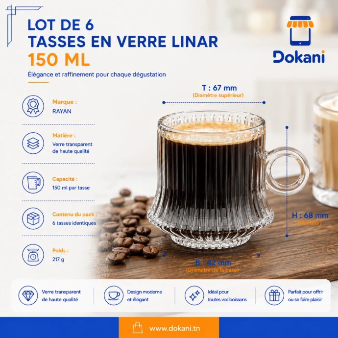 Lot de 6 Tasses en Verre Linar Rayan 150 ml | Dokani Tunisie
