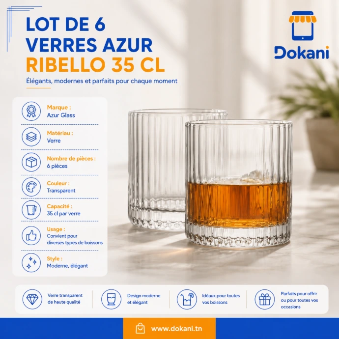 Lot de 6 verres AZUR Ribello 35 cl en verre transparent - Dokani Tunisie