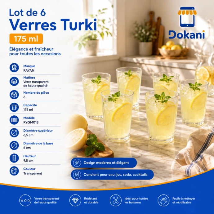 Lot de 6 verres Turki Rayan 175 ml en verre transparent - Dokani Tunisie