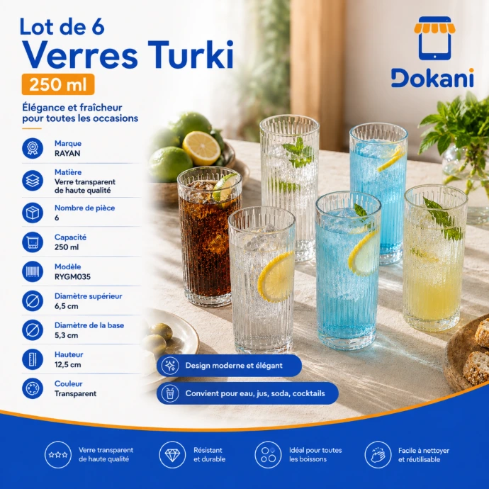 Lot de 6 verres Turki Rayan 250 ml en verre transparent - Dokani Tunisie