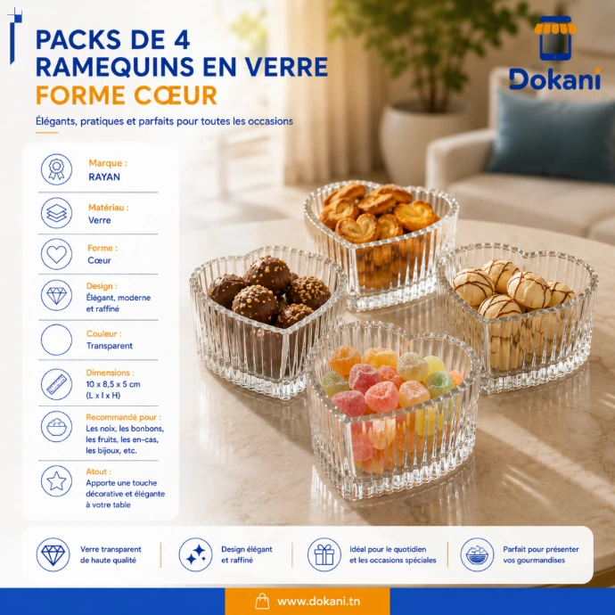 Pack de 4 ramequins Rayan en verre transparent forme cœur - Dokani Tunisie