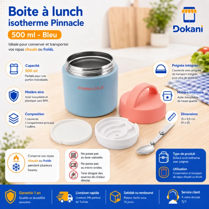 Boîte à lunch isotherme Pinnacle 500 ml bleu avec intérieur inox, cuillère et poignée - Dokani Tunisie