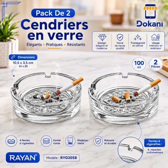 Pack de 2 cendriers Rayan RYG2058 en verre transparent rond 10,5 cm avec 4 fentes - Dokani Tunisie