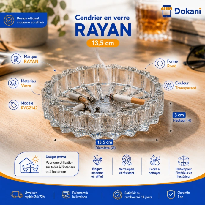 Cendrier en verre transparent Rayan RYG2142 rond 13,5 cm - Dokani Tunisie