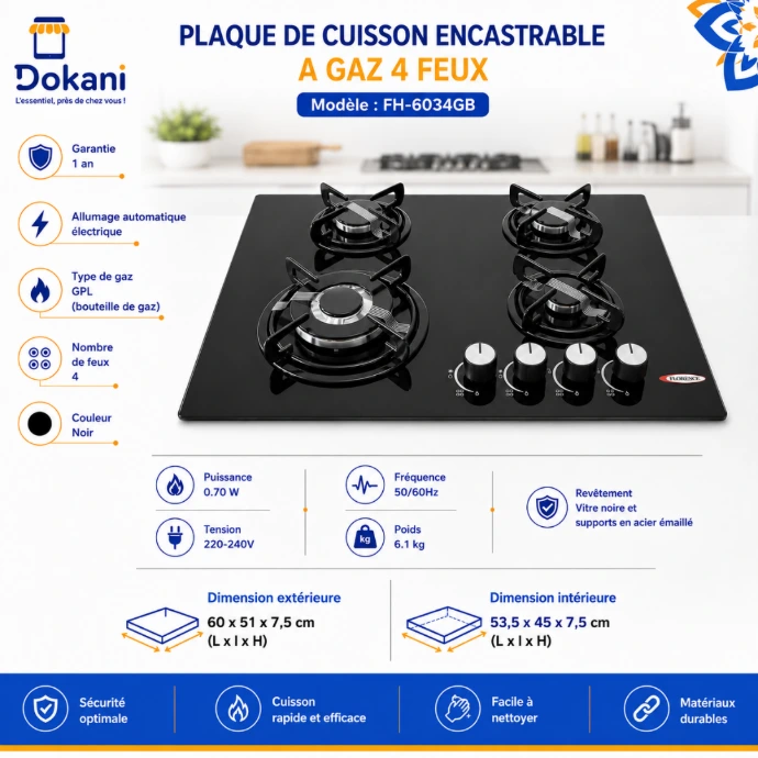 Plaque de cuisson encastrable Florence FH-6034GB en verre noir 4 feux gaz avec supports émaillés - Dokani Tunisie