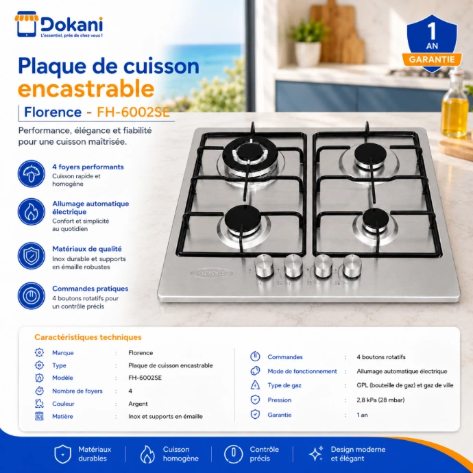 Plaque de cuisson encastrable Florence FH-6002SE 4 feux gaz en inox avec supports émaillés - Dokani Tunisie