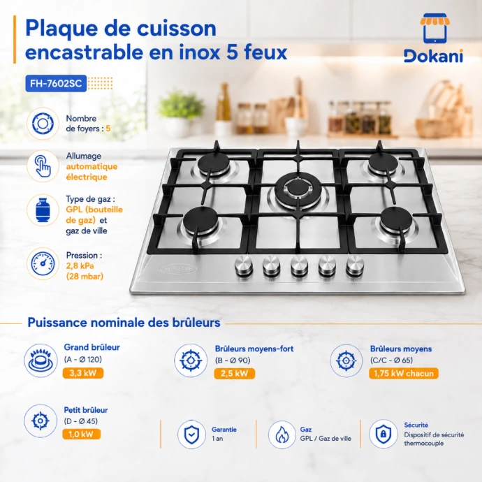 Plaque de cuisson encastrable Florence FH-7602SC 5 feux gaz en inox avec supports en fonte - Dokani Tunisie