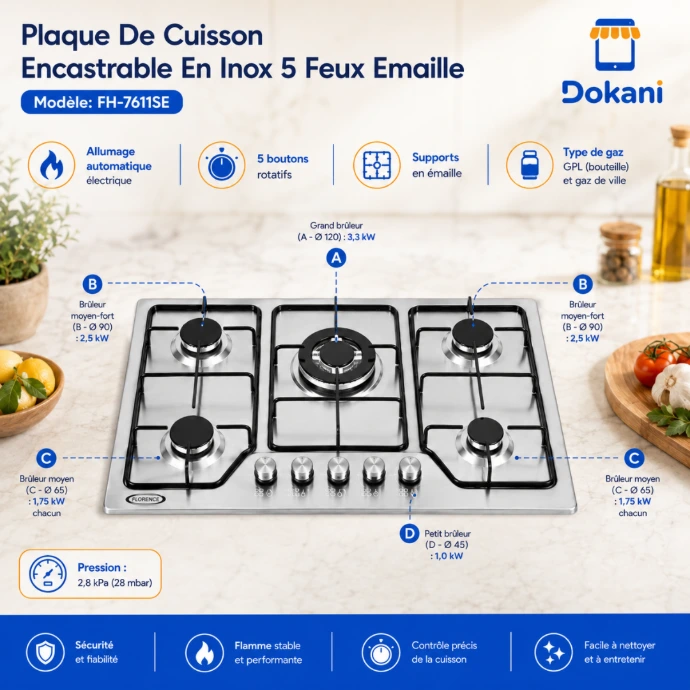 Plaque de cuisson encastrable Florence FH-7611SE 5 feux gaz en inox avec supports émaillés - Dokani Tunisie