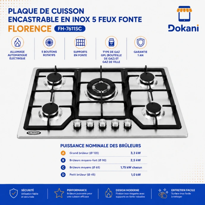 Plaque de cuisson encastrable Florence FH-7611SC 5 feux gaz en inox avec supports en fonte - Dokani Tunisie