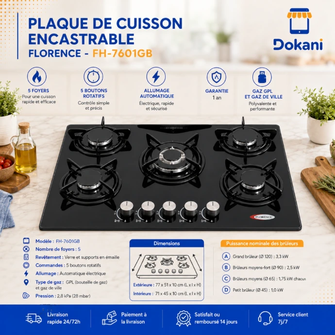 Plaque de cuisson encastrable Florence FH-7601GB 5 feux gaz en verre noir avec supports émaillés - Dokani Tunisie