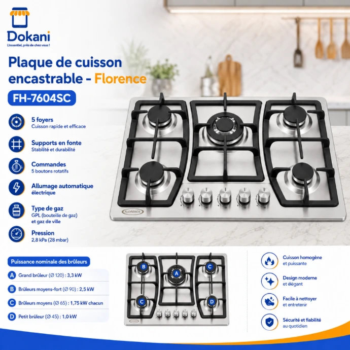 Plaque de cuisson encastrable Florence FH-7604SC 5 feux gaz en inox avec supports en fonte - Dokani Tunisie