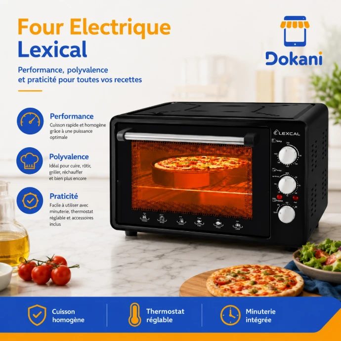 Four électrique Lexical noir avec thermostat réglable et minuterie – cuisson polyvalente | Dokani Tunisie
