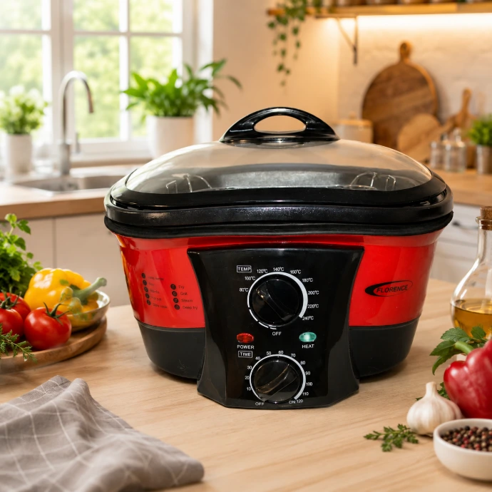 Multi-cuiseur électrique Florence rouge avec thermostat réglable et minuterie dans une cuisine moderne