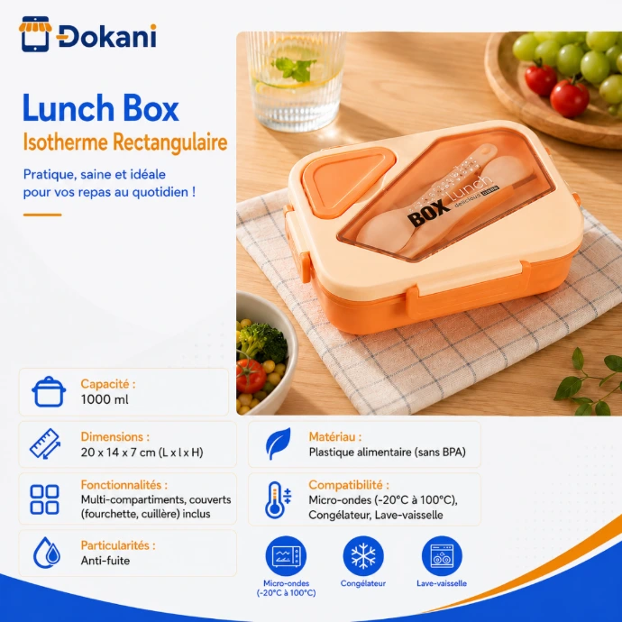 Lunch Box rectangulaire orange 1000 ml multi-compartiments anti-fuite avec fourchette et cuillère - Dokani Tunisie