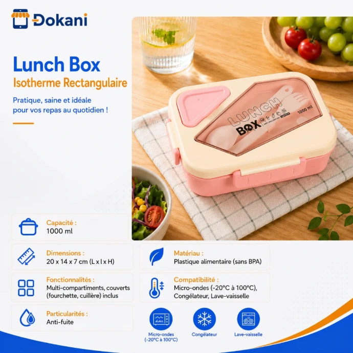 Lunch Box rectangulaire rose 1000 ml multi-compartiments anti-fuite avec fourchette et cuillère - Dokani Tunisie