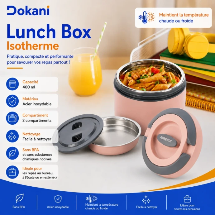 Lunch Box isotherme Pinnacle 400 ml rose en acier inoxydable pour repas chauds et froids - Dokani Tunisie
