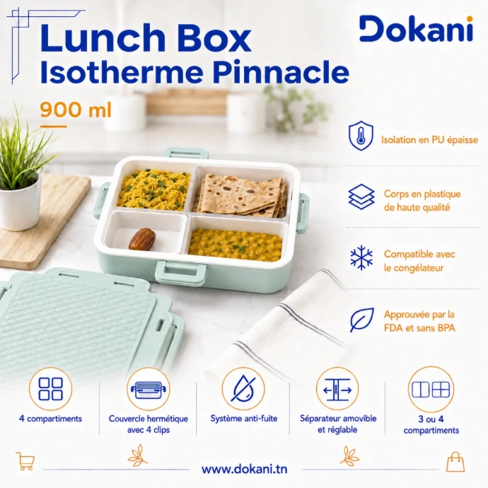 Lunch Box isotherme Pinnacle 900 ml Bleu Saphir avec 4 compartiments modulables et fermeture anti-fuite - Dokani Tunisie
