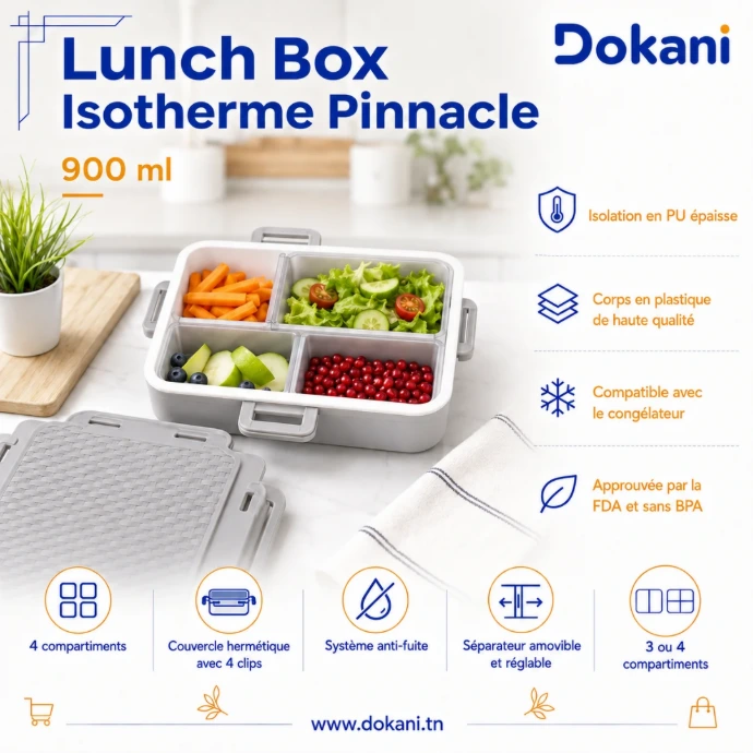 Lunch Box isotherme Pinnacle 900 ml gris avec 4 compartiments modulables et fermeture anti-fuite - Dokani Tunisie