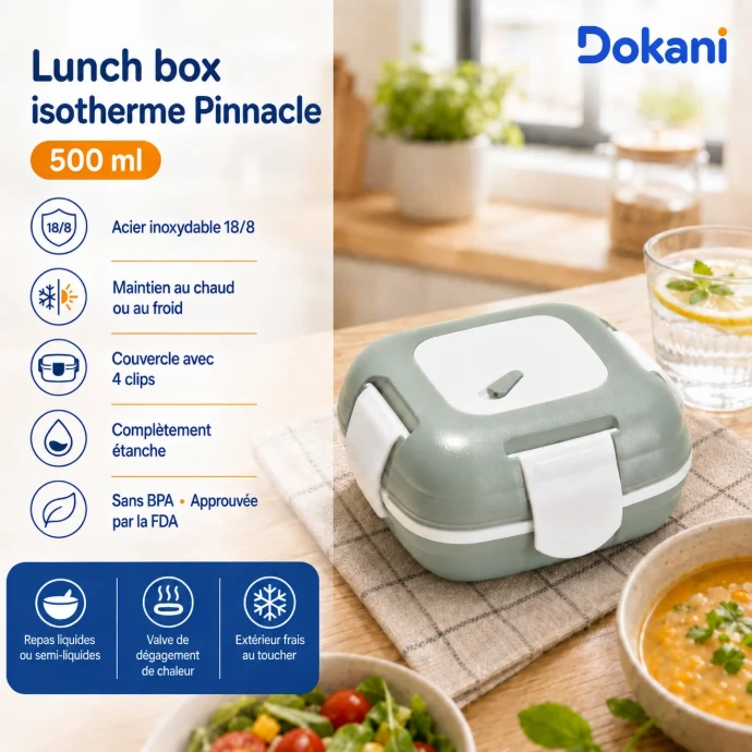 Lunch Box isotherme Pinnacle 500 ml Vert en inox 18/8 étanche avec 4 clips et valve - Dokani Tunisie