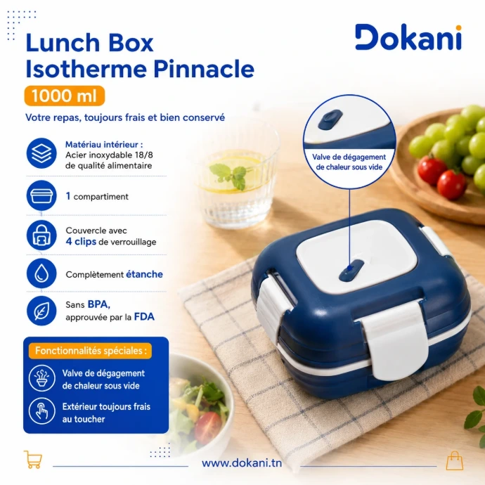 Lunch Box isotherme Pinnacle 1000 ml Bleu en inox 18/8 étanche avec 4 clips et valve - Dokani Tunisie
