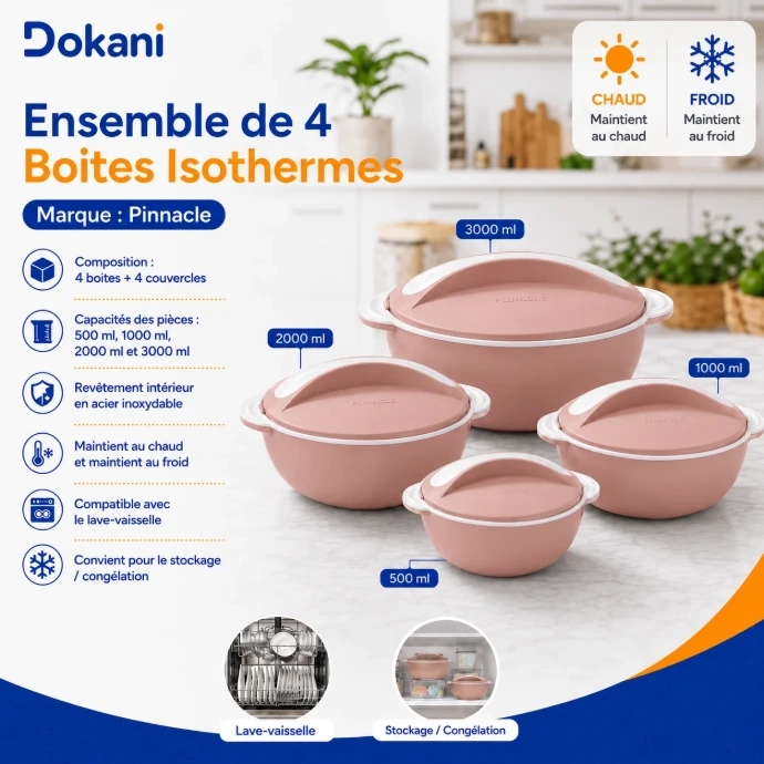 Ensemble de 4 boîtes isothermes Pinnacle Picasso Rose 500 ml 1000 ml 2000 ml et 3000 ml avec intérieur inox - Dokani Tunisie