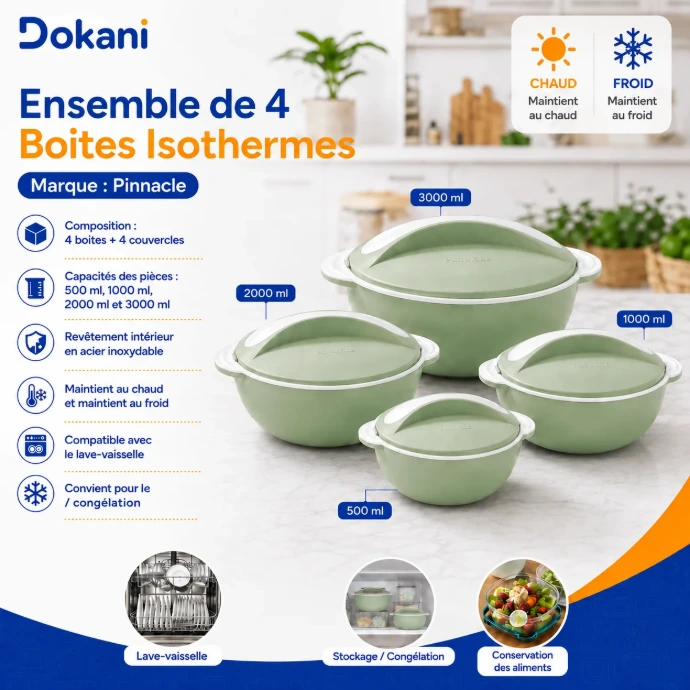 Ensemble de 4 boîtes isothermes Pinnacle Picasso Vert 500 ml 1000 ml 2000 ml et 3000 ml avec intérieur inox - Dokani Tunisie