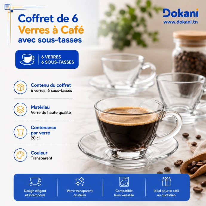 Coffret de 6 verres à café avec 6 sous-tasses en verre transparent 20 cl – Dokani Tunisie