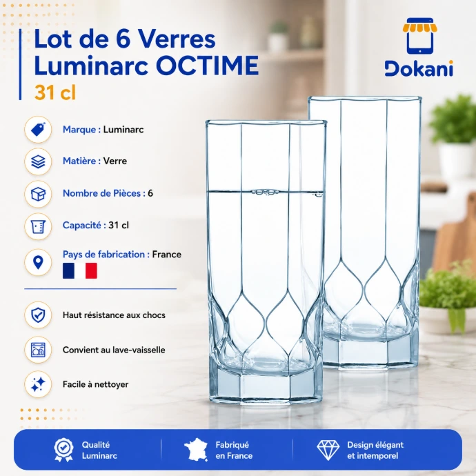 Lot de 6 verres Luminarc Octime 31 cl en verre fabriqués en France - Dokani Tunisie