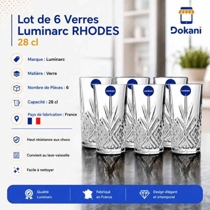 Lot de 6 verres Luminarc Rhodes 28 cl en verre fabriqués en France - Dokani Tunisie
