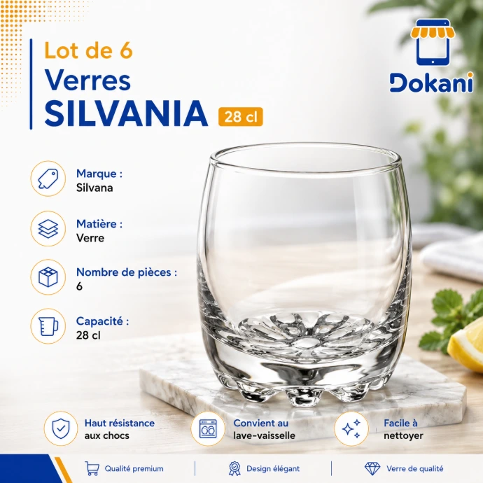 Lot de 6 verres Silvana 28 cl en verre résistant aux chocs - Dokani Tunisie