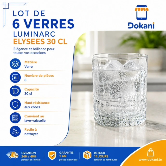 Lot de 6 verres Luminarc Elysées 30 cl en verre fabriqués en France - Dokani Tunisie