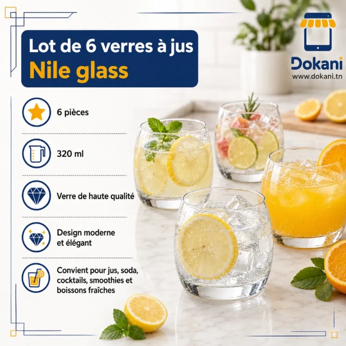Lot de 6 verres à jus Nile Glass Nivada 320 ml en verre transparent - Dokani Tunisie
