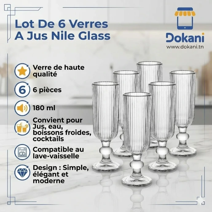 Lot de 6 verres à jus Nile Glass Darin 180 ml en verre transparent - Dokani Tunisie