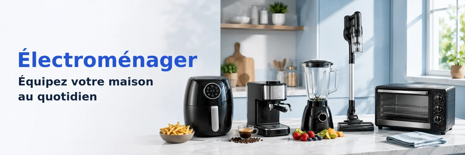 Airfryer, machine expresso, blender, aspirateur balai et four électrique dans une cuisine lumineuse.