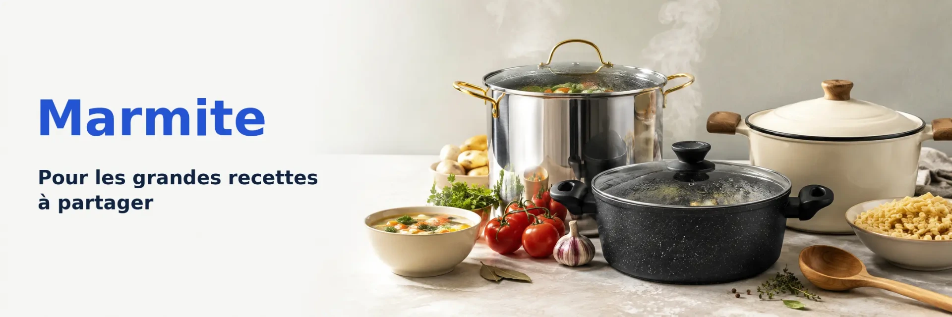 Trois marmites en inox, granit et revêtement crème avec soupes et plats familiaux.