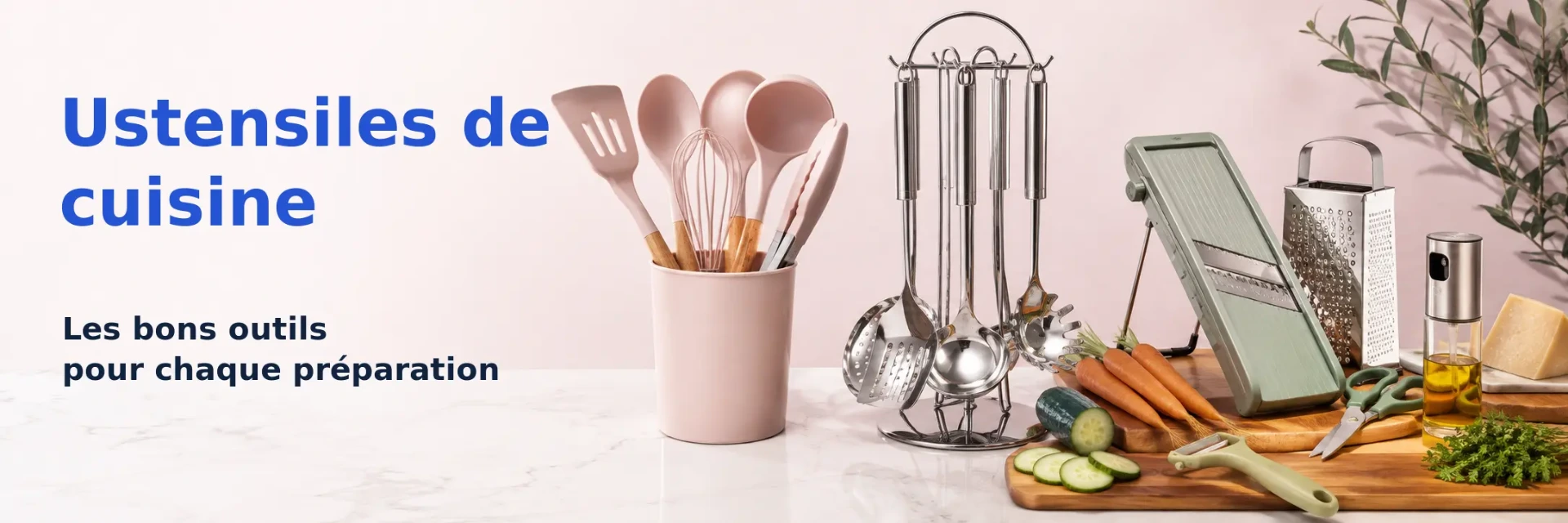 Ustensiles en silicone, louches inox, râpes et éplucheurs avec légumes frais.